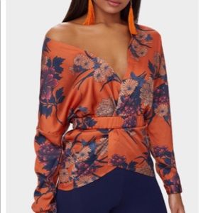 Off shoulder belted kimono blouse